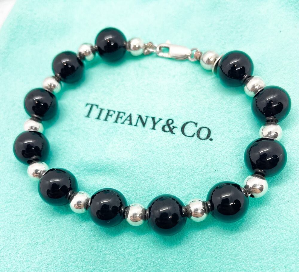 Tiffany & Co. 10mm Onyx & Sterling Silver Bead Ball Bracelet 7.5"